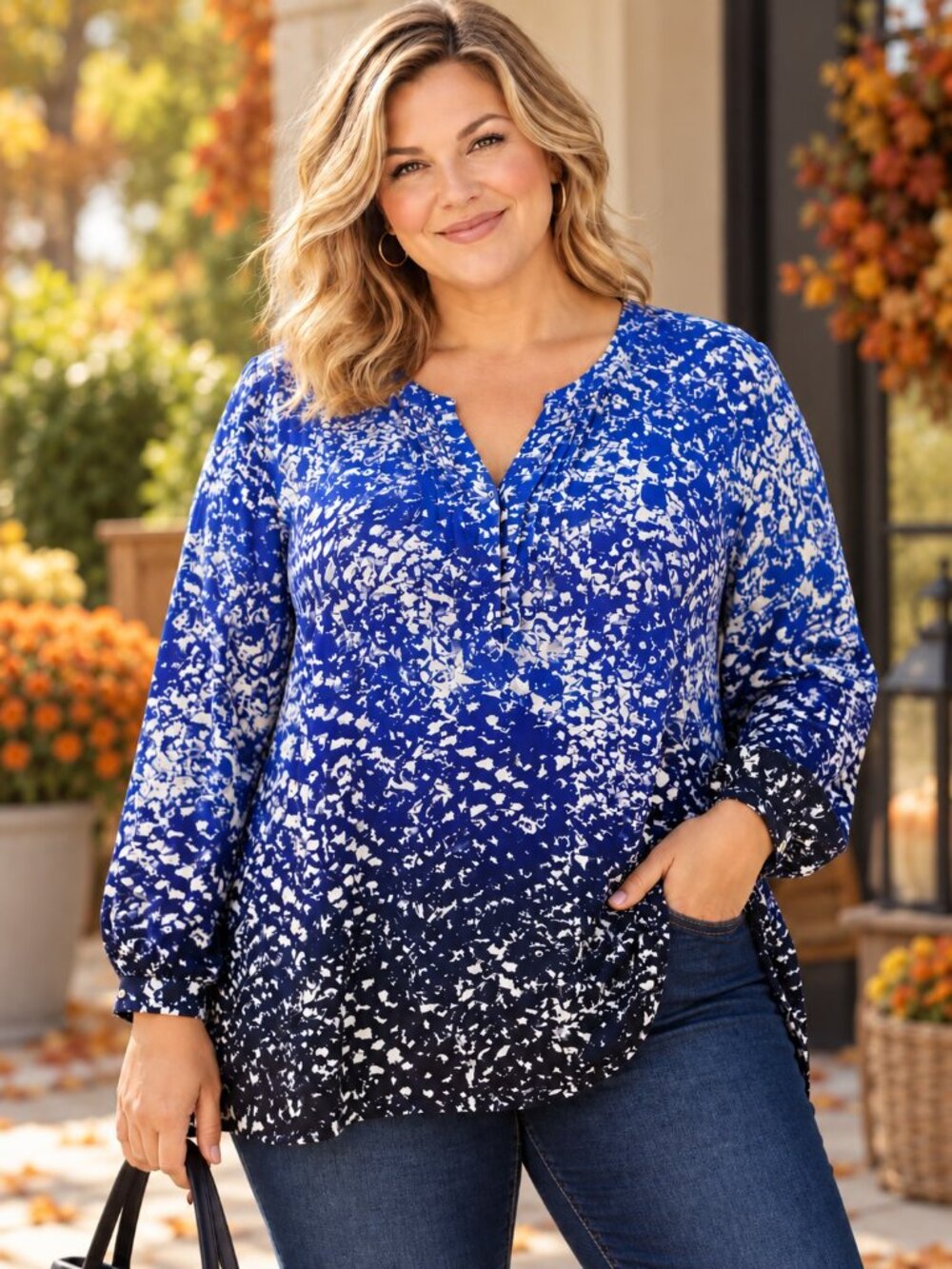 Catherines V-Neck Long Sleeve Tunic Blouse Womens Blue White Ombre Print Plus 2X